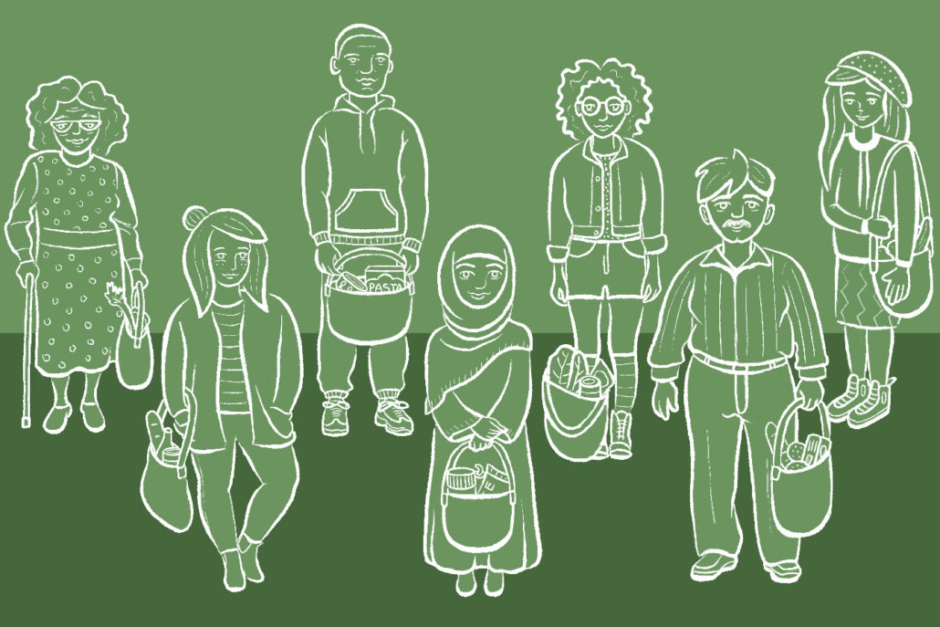 Graphic image of people of various ages and genders holding bags of food